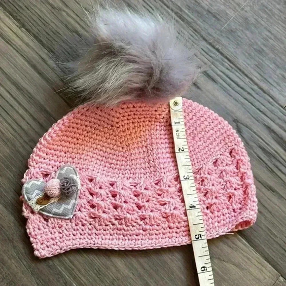 Hand crafted pink crochet girls  hat with heart and fuzzy pom pom - Picture 6 of 8